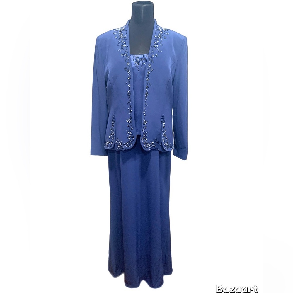 Montage by Mon Cheri Blue Beaded Jacket Dress Size 14 Mother of Bride Formal